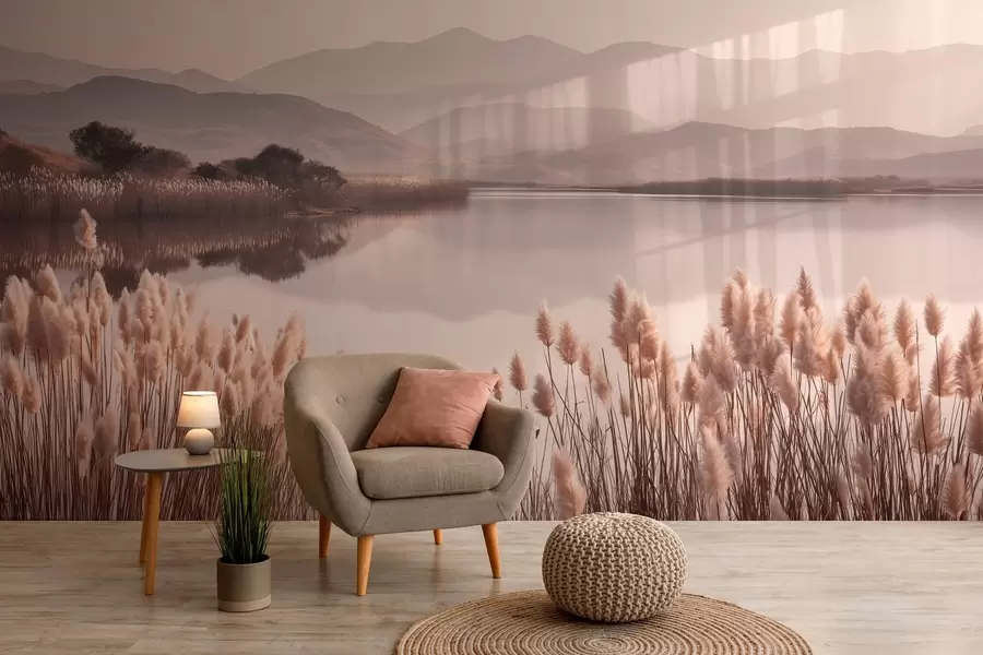 τοιχογραφίες θέα της λίμνης με καλαμιές w04207