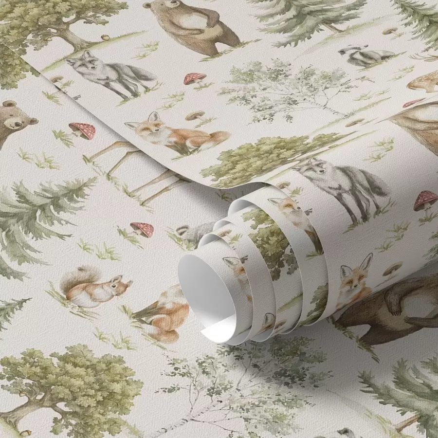 τοιχογραφίες Δασικά ζώα σε απαλό στυλ υδατογραφίας, δέντρα και μανιτάρια a00212