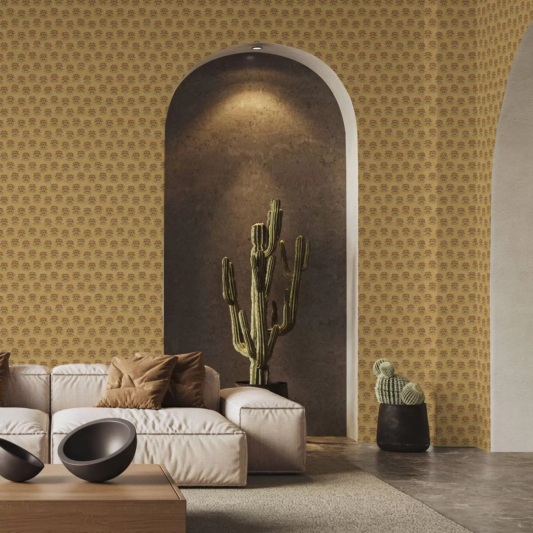 τοιχογραφίες Ρετρό floral μοτίβο με λωτούς σε κίτρινο φόντο a00238