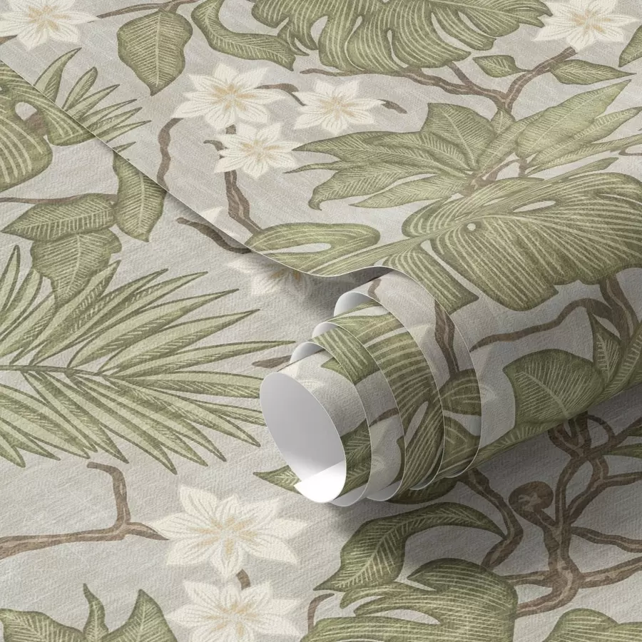 τοιχογραφίες Τροπικά φύλλα και λουλούδια monstera σε γκρι φόντο a00249