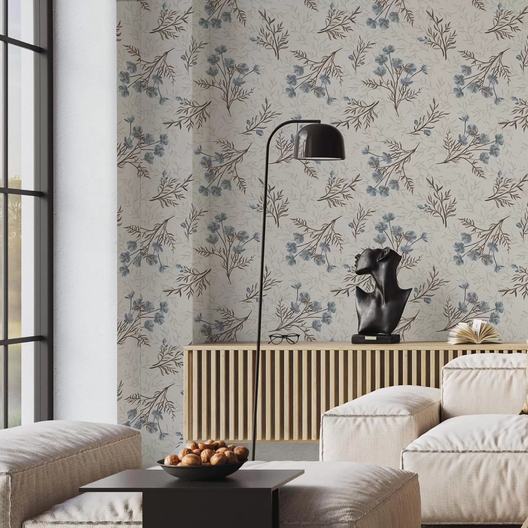 τοιχογραφίες Μπλε λουλούδια και ελαφρά κλαδιά σε λευκό φόντο a00265v1