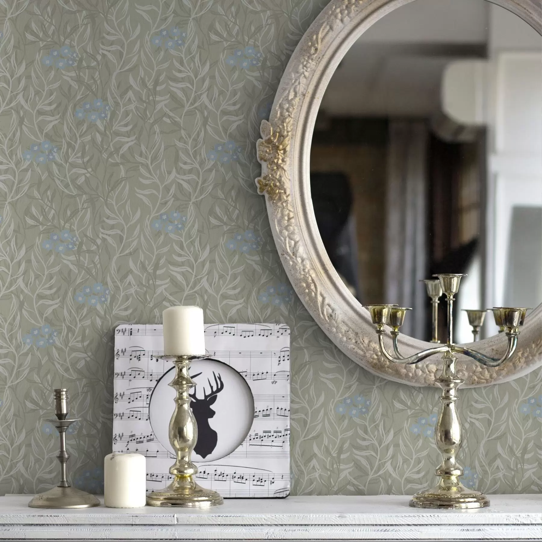 τοιχογραφίες Πράσινο φόντο με λευκά κλαδιά και μπλε λουλούδια a00268v1