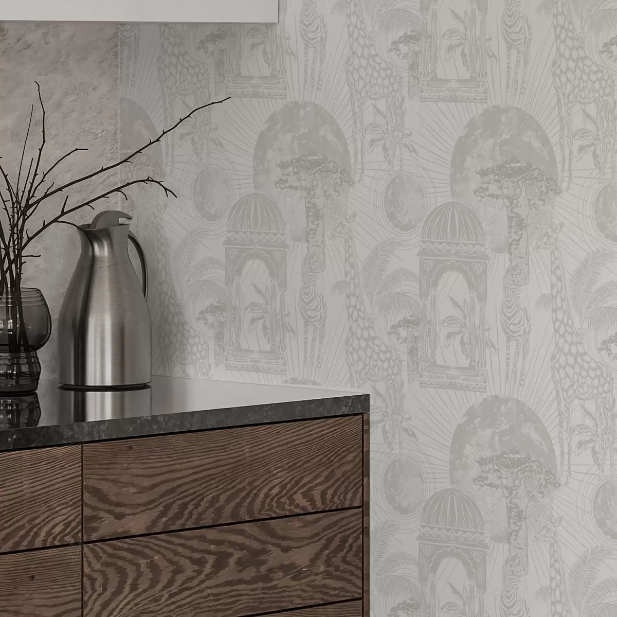 Ταπετσαρία Γραφική απεικόνιση με καμηλοπάρδαλη, ζέβρα και φοίνικες a00276v1 Ταπετσαρία Γραφική απεικόνιση με καμηλοπάρδαλη, ζέβρα και φοίνικες a00276v1