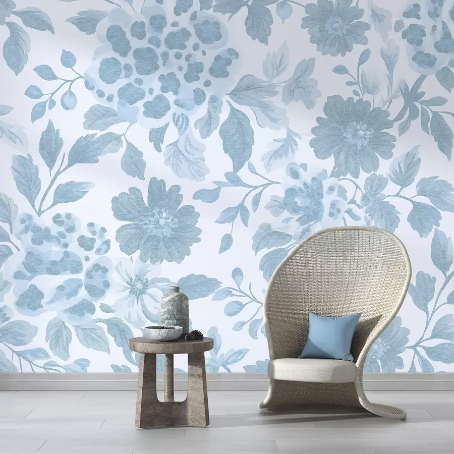 τοιχογραφίες Λουλούδια σε στυλ μπόχο με λεοπάρ σχέδιο, μπλε χρώμα w04114v1