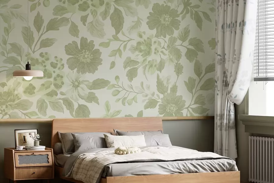 τοιχογραφίες Λουλούδια σε στυλ μπόχο με λεοπάρ σχέδιο, πράσινο χρώμα w04114v2