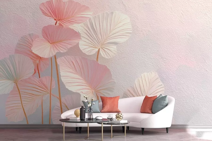 τοιχογραφίες Κομψά μεγάλα τροπικά φύλλα σε απαλές ροζ και μπλε αποχρώσεις w09252