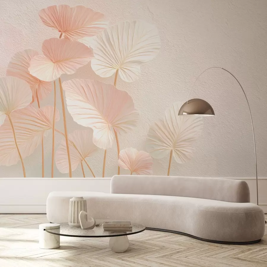 τοιχογραφίες Κομψά μεγάλα τροπικά φύλλα σε απαλό ροζ χρώμα w09252v1