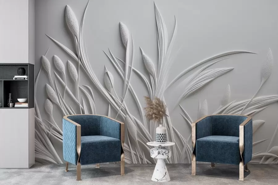 τοιχογραφίες Ανάγλυφο με λεπτεπίλεπτα φύλλα και πάμπας w04247