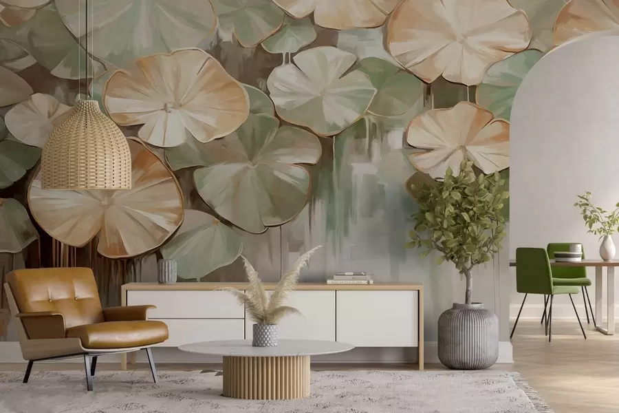 τοιχογραφίες Υφασμάτινα κρινάκια με πράσινα και μπεζ χρώματα σε μια λίμνη, το φόντο είναι ένα θολό μείγμα λευκού, πράσινου και καφέ w09255