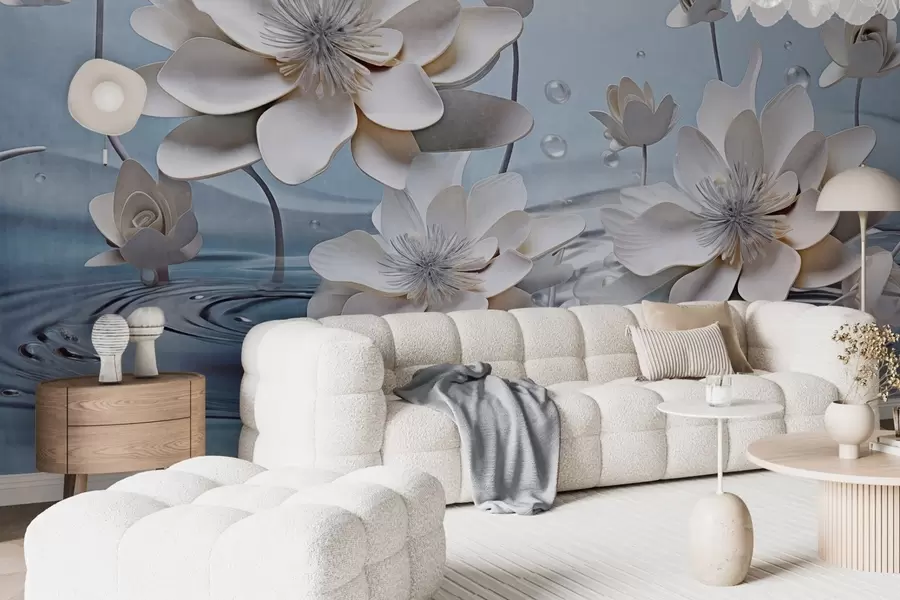 τοιχογραφίες Λευκά λουλούδια με υφή και σταγόνες νερού, αντανακλάσεις στην επιφάνεια του νερού, γαλάζιο φόντο, κομψό σχέδιο w09262
