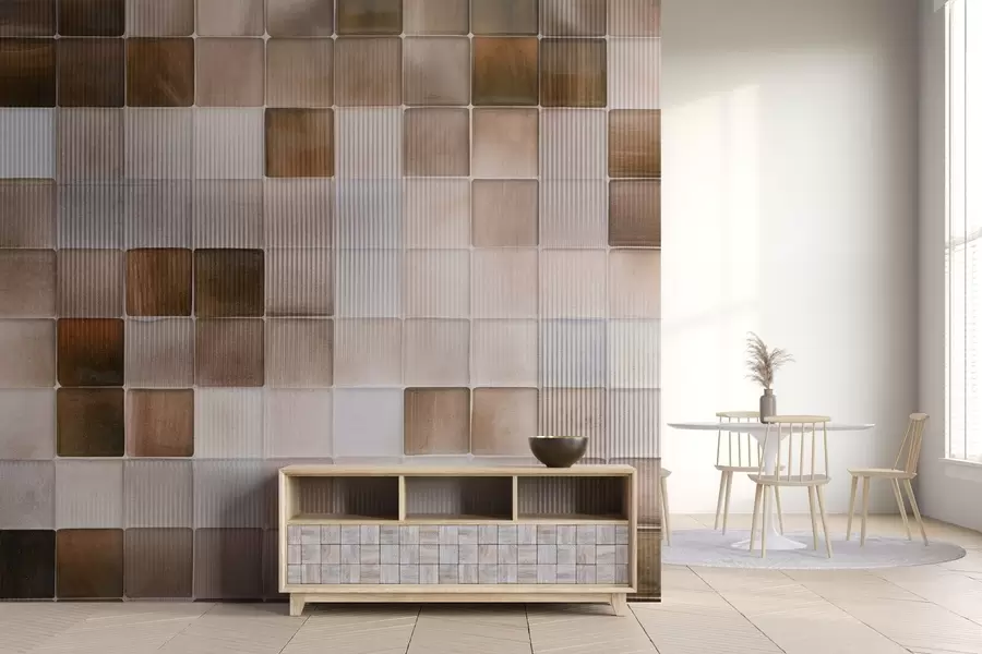 τοιχογραφίες Τετράγωνα ψηφιδωτά πέτρινα πλακάκια σε αποχρώσεις του καφέ, του μπεζ και του λευκού με αφηρημένη υφή με κοκκώδη θορυβώδη υφή w09269