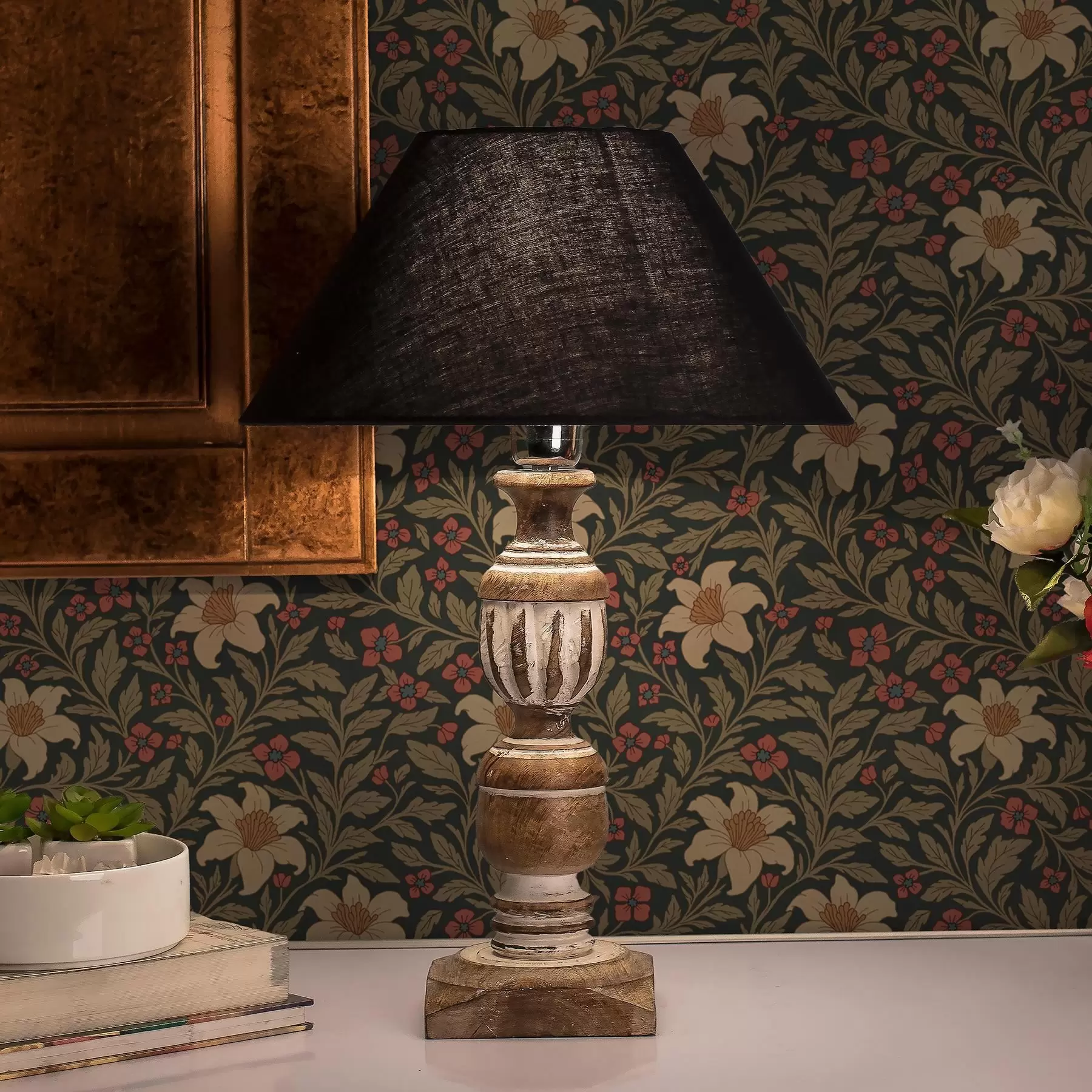 τοιχογραφίες Σκούρο φόντο με κίτρινα και κόκκινα λουλούδια σε στυλ Art Nouveau a00293