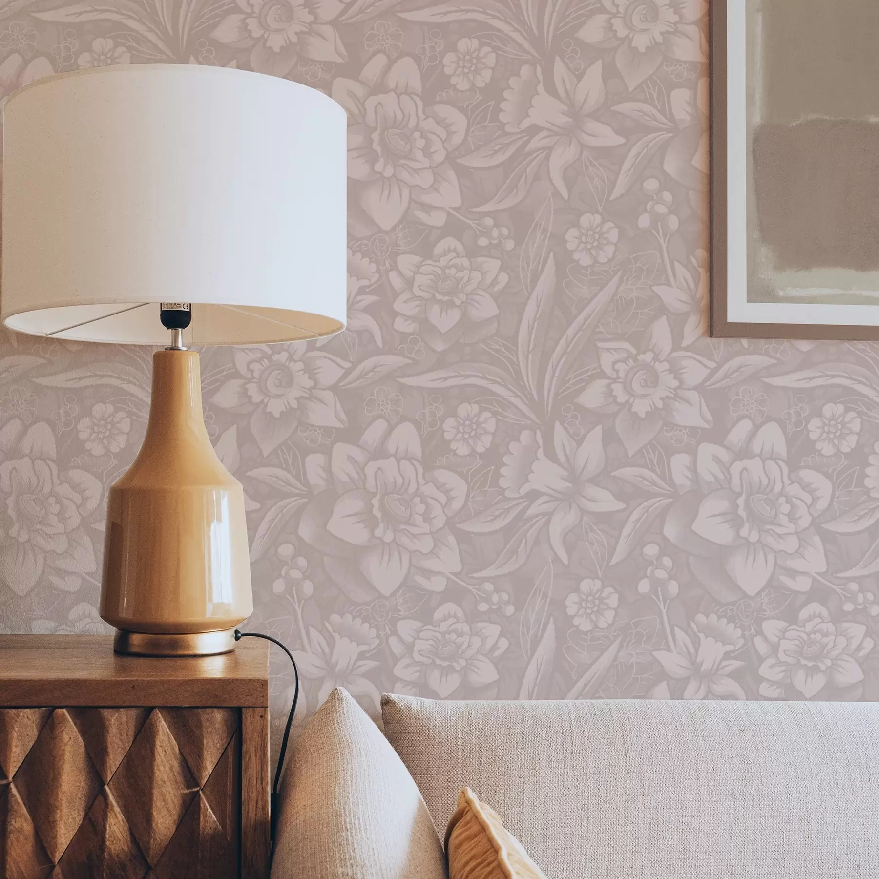 τοιχογραφίες Μονόχρωμο λουλουδάτο σχέδιο με νάρκισσους σε κρεμ φόντο a00294