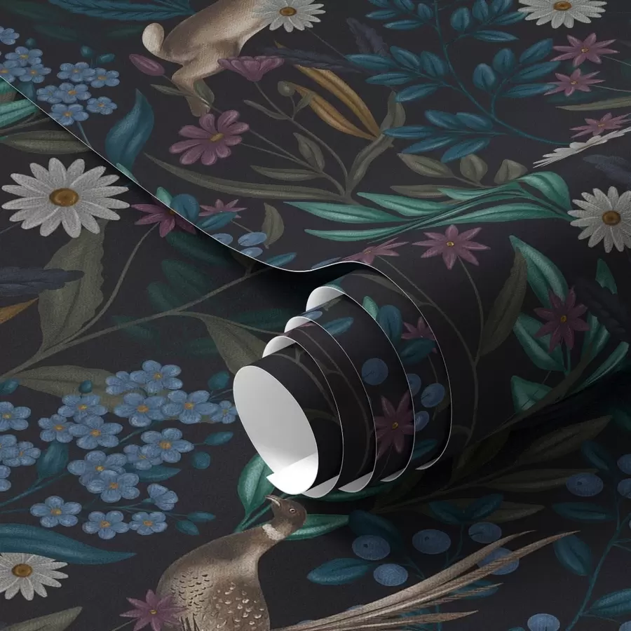 τοιχογραφίες Σκοτεινό δάσος με λουλούδια, λαγό και πουλί a00310