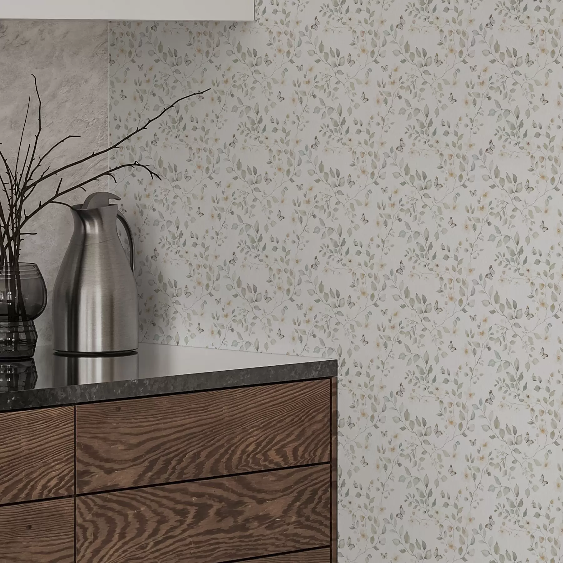 τοιχογραφίες Ελαφρά κλαδιά με φύλλα και λουλούδια σε μικρή επανάληψη a00343