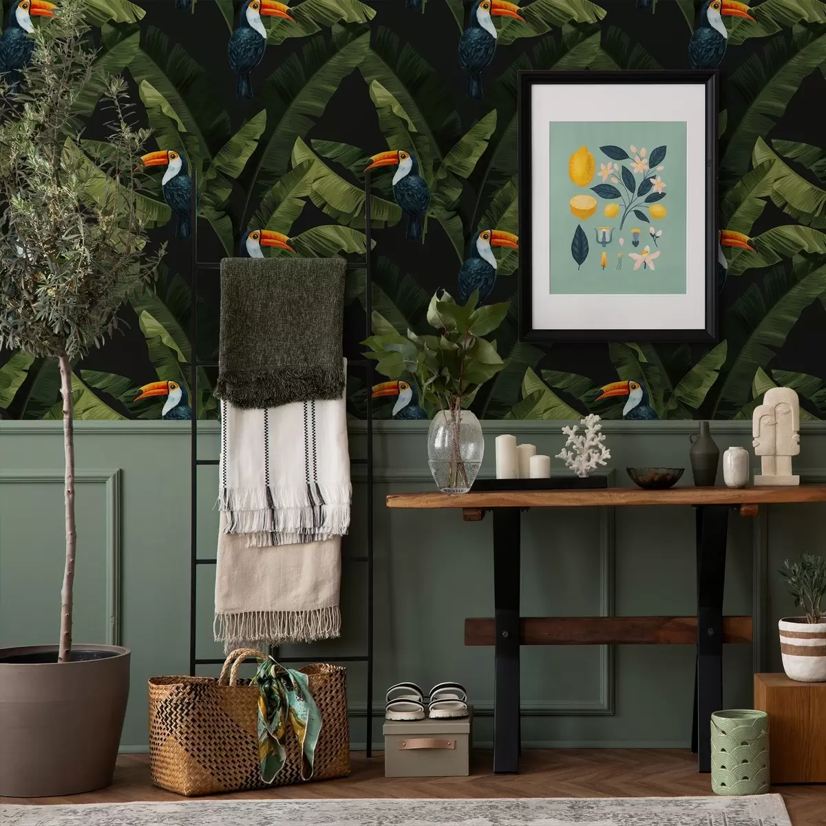 Ταπετσαρία Toucan σε τροπικά φύλλα a00415