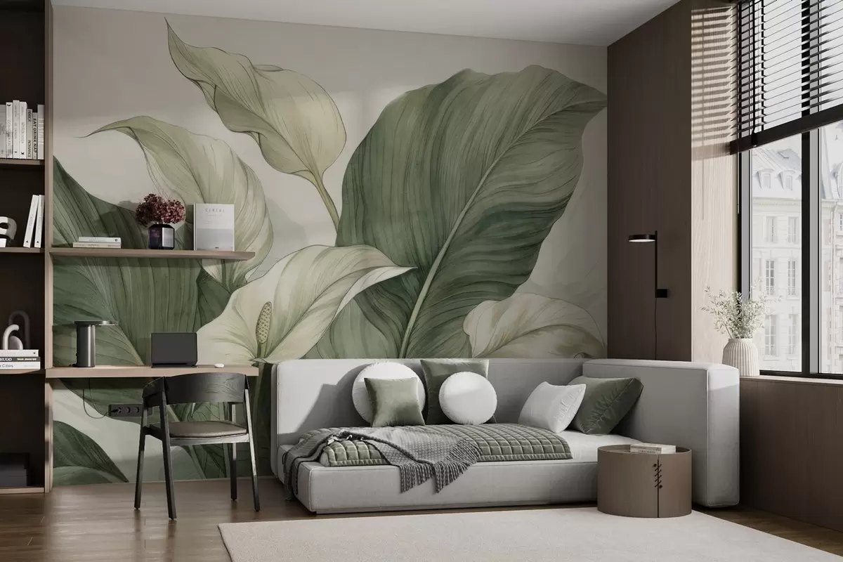 τοιχογραφίες Κοντινό πλάνο ανθισμένου spathiphyllum με μεγάλα φύλλα w04263