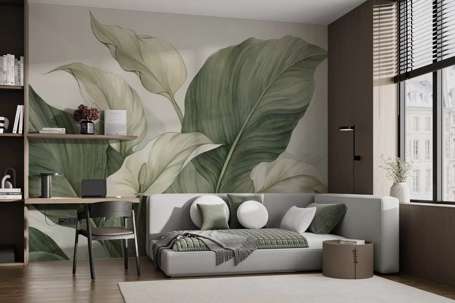τοιχογραφίες Κοντινό πλάνο ανθισμένου spathiphyllum με μεγάλα φύλλα w04263