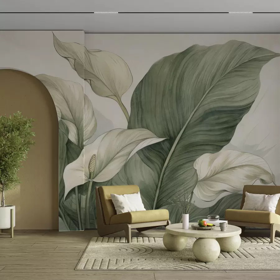 τοιχογραφίες Κοντινό πλάνο ανθισμένου spathiphyllum με μεγάλα φύλλα w04263