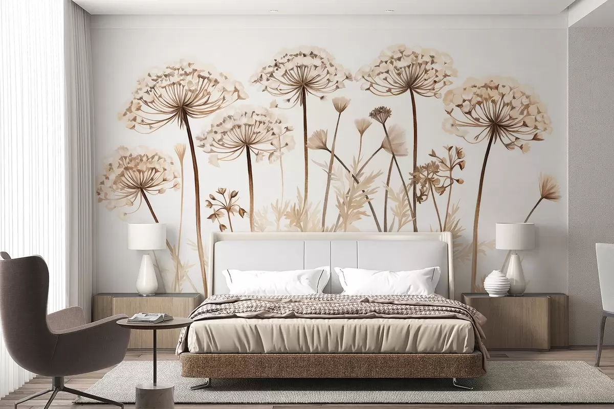 τοιχογραφίες Queen Anne's Lace λουλούδια σε ένα πεδίο, υφή απομίμηση ζωγραφικής, καφέ, μπεζ και λευκή παλέτα χρωμάτων, βοτανική απεικόνιση w09294