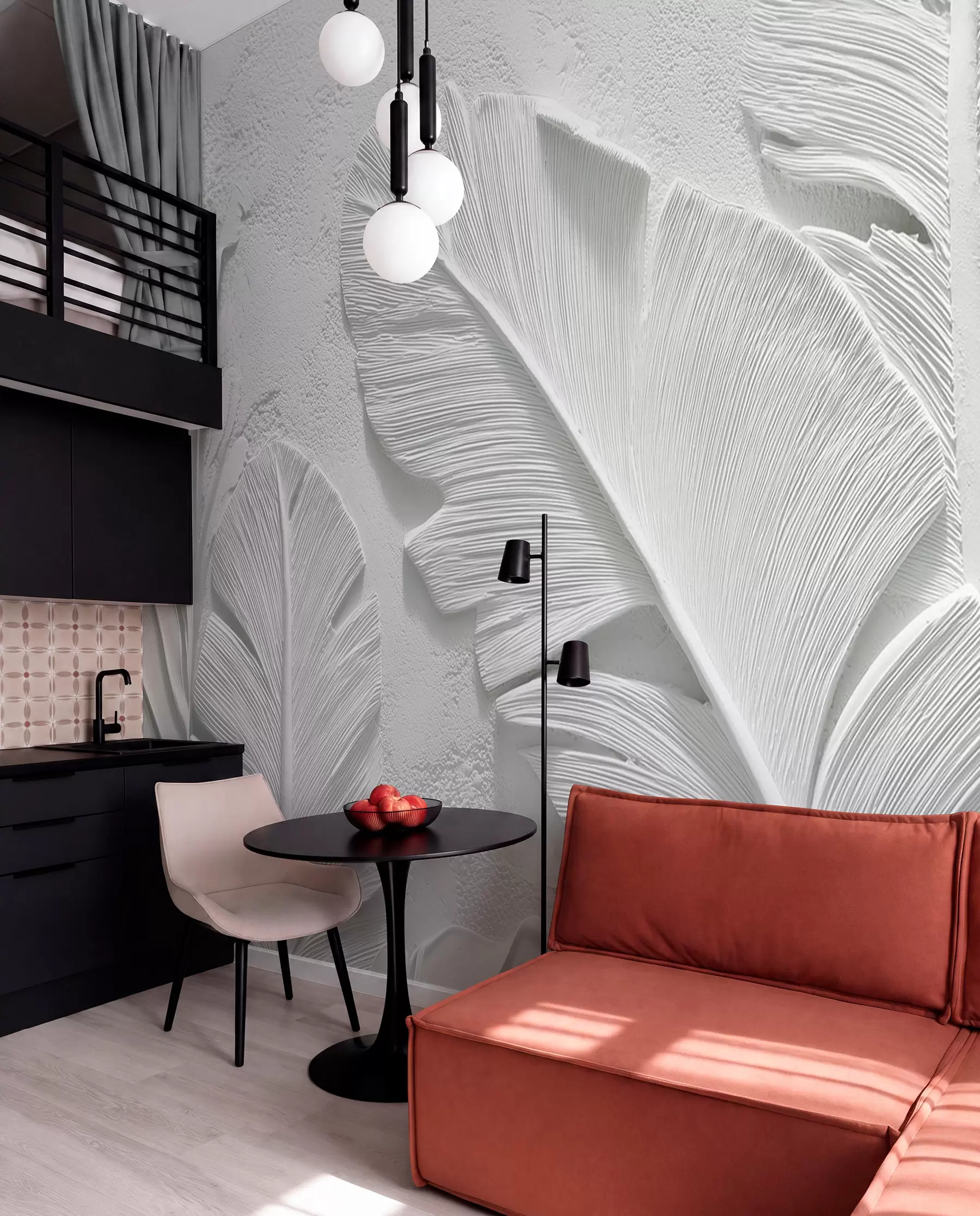 τοιχογραφίες Γκρίζα φύλλα με υφή σε φόντο με ανάγλυφο από ψεύτικο γύψο w09307
