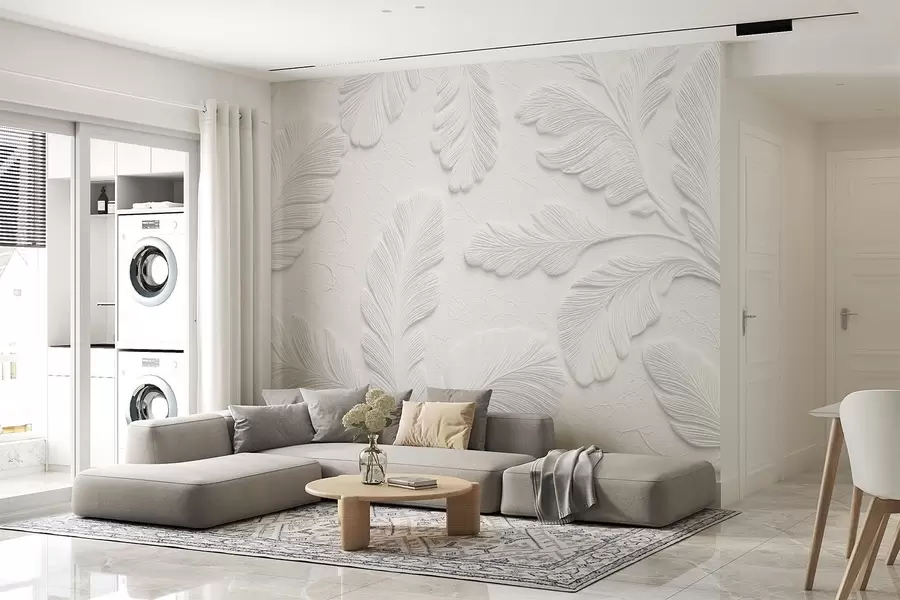 τοιχογραφίες Φύλλα ανάγλυφα σε γκρι χρώμα με εφέ ραγισμένης υφής w09309v1