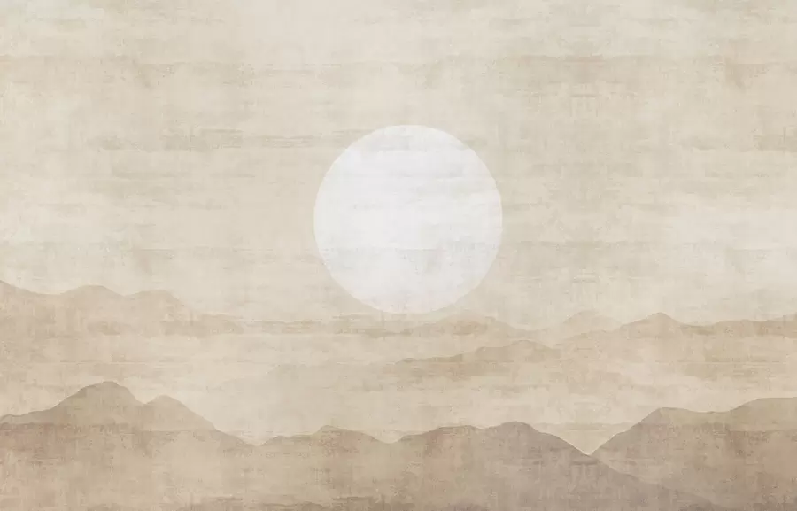 τοιχογραφίες Μινιμαλιστικό ορεινό τοπίο με μεγάλο λευκό ήλιο w04345