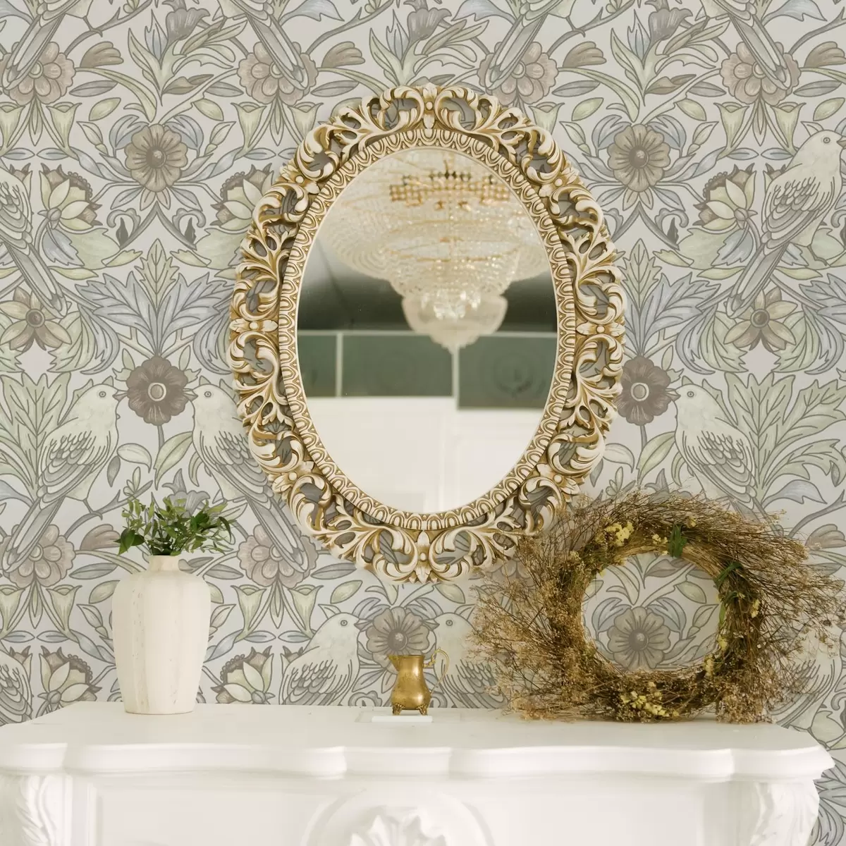 Ταπετσαρία Art Nouveau πουλιά και παστέλ στυλιζαρισμένα λουλούδια a00385