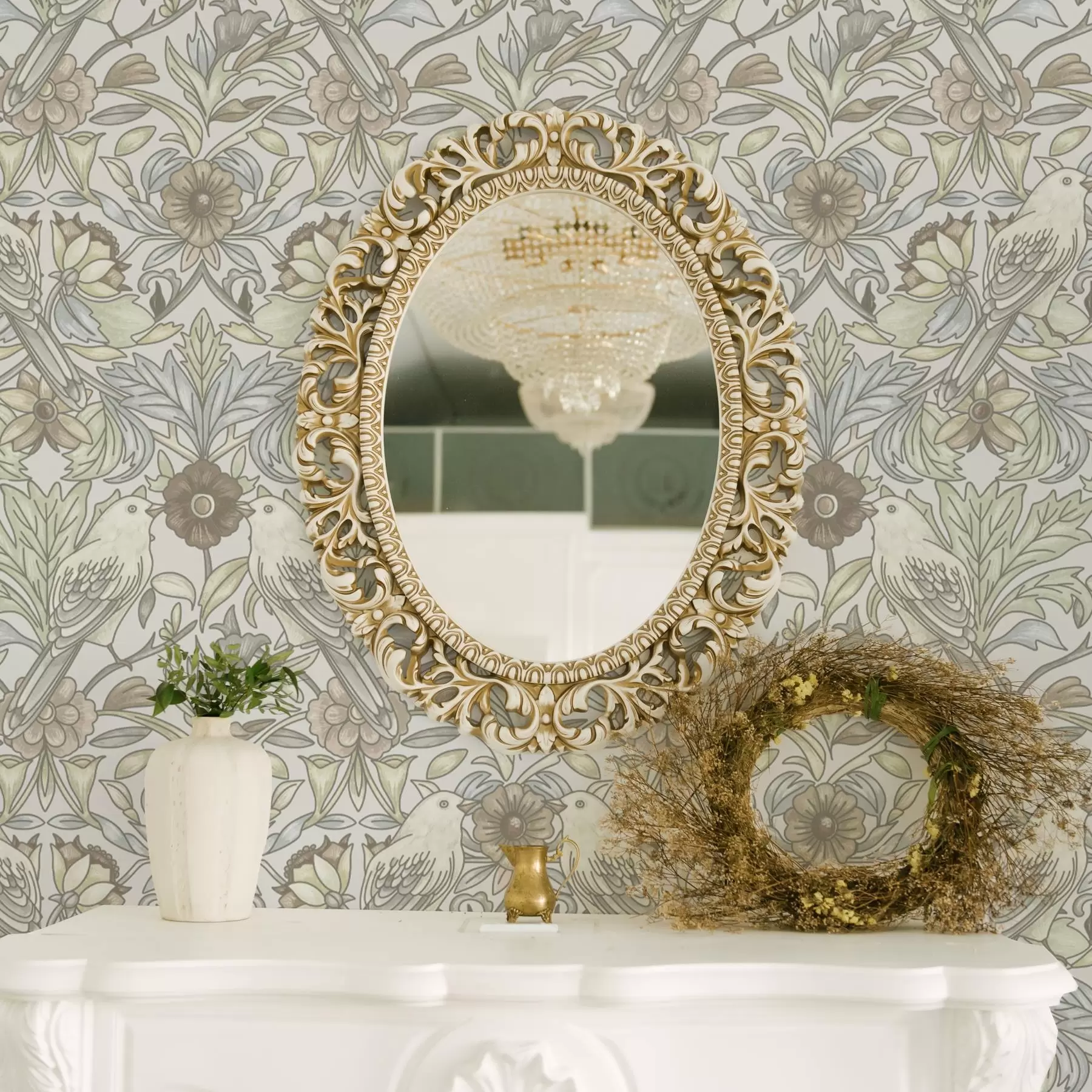 τοιχογραφίες Art Nouveau πουλιά και παστέλ στυλιζαρισμένα λουλούδια a00385
