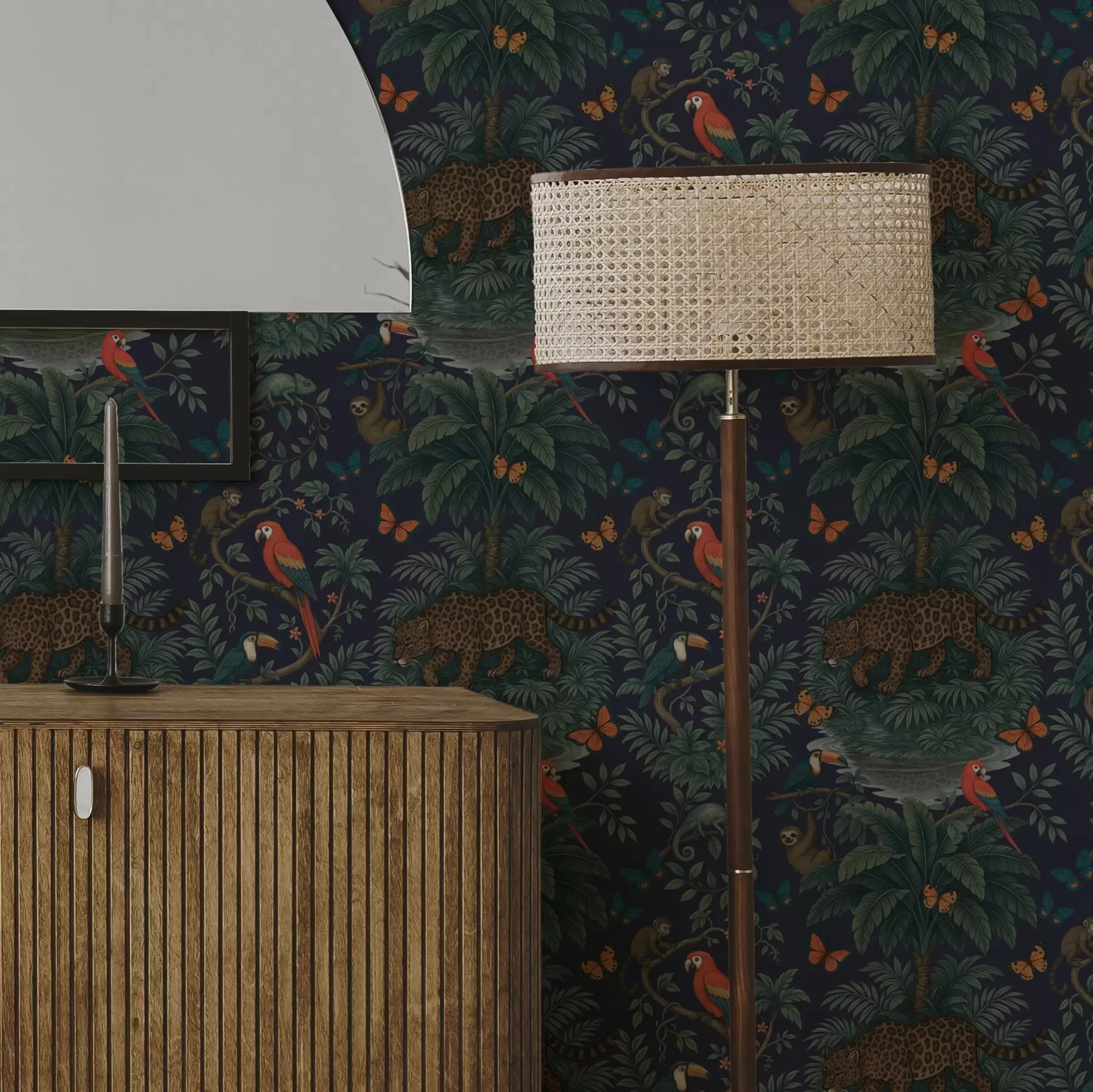 τοιχογραφίες Τροπική ζούγκλα με λεοπάρδαλη, λεοπάρδαλη, παπαγάλους και πεταλούδες a00388