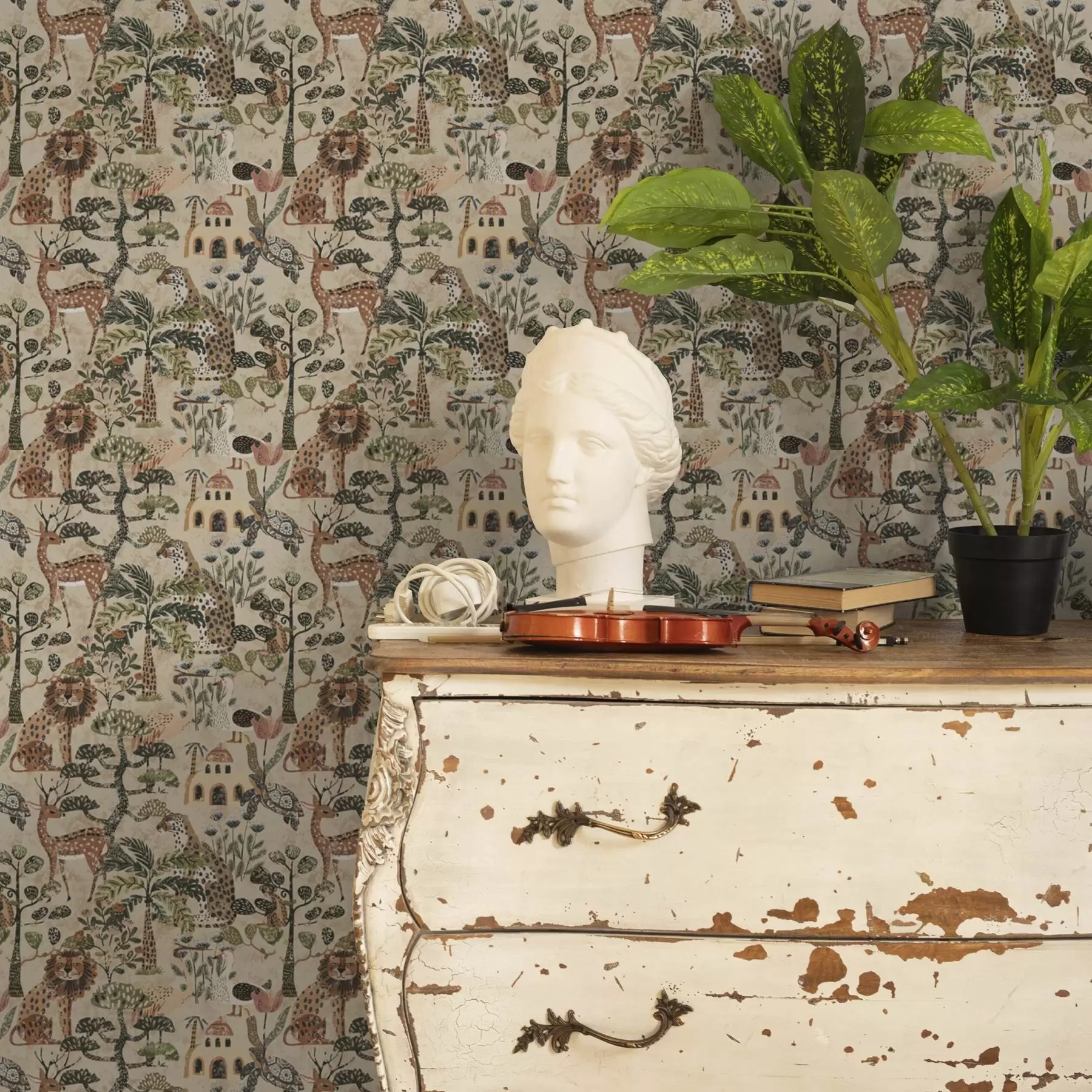 τοιχογραφίες Ζώα σαφάρι και φύλλα σαβάνας σε ζεστούς γήινους τόνους a00392