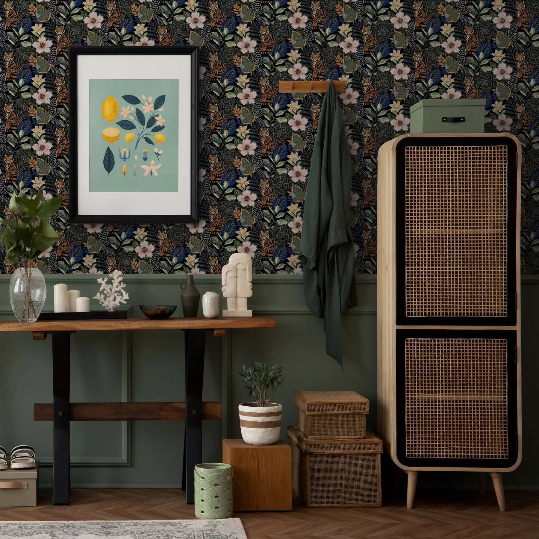 τοιχογραφίες Τίγρεις ανάμεσα σε φωτεινά τροπικά λουλούδια και φύλλα a00426