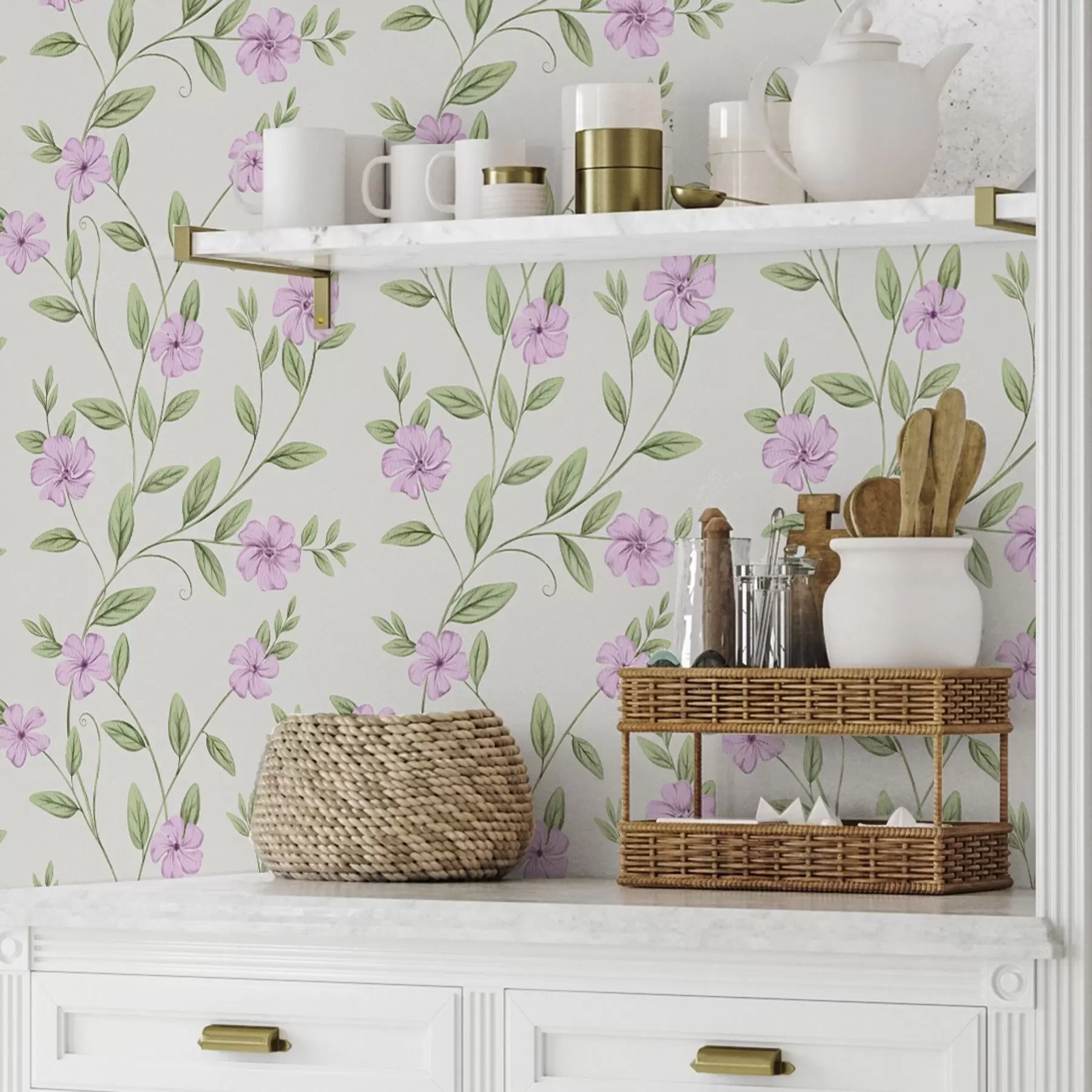 τοιχογραφίες Ροζ λουλούδια με πράσινα αμπέλια σε κρεμ φόντο a00453