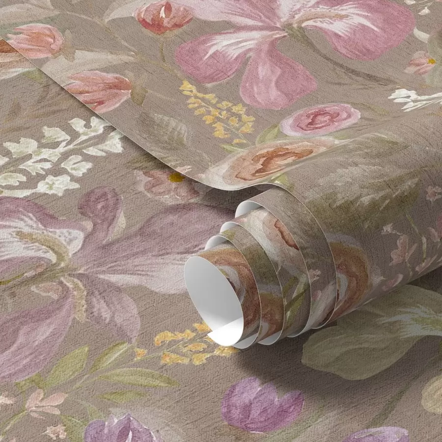 τοιχογραφίες Εκλεκτής ποιότητας ροζ λουλούδι ίριδα μοτίβο σε μπεζ υφή φόντο a00457