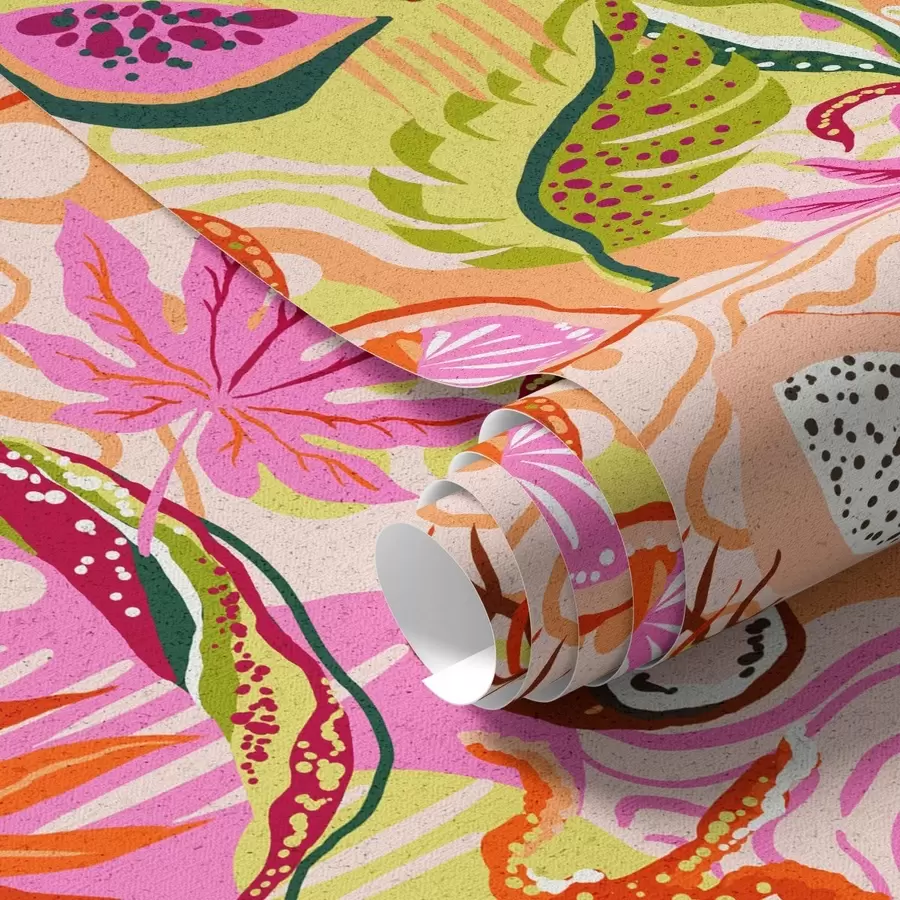 τοιχογραφίες Εξωτικά φρούτα, φύλλα και χαμαιλέοντες σε τροπικό στυλ a00469