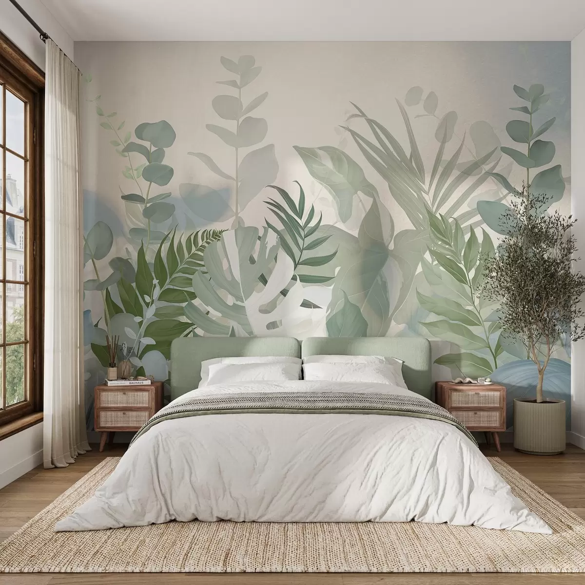 τοιχογραφίες Παστέλ πράσινα φυτά φτέρες, monstera και ευκάλυπτος, ελαφρύ φόντο με υφή, απαλός φωτισμός, ειρηνική , βοτανική εικονογράφηση w09316