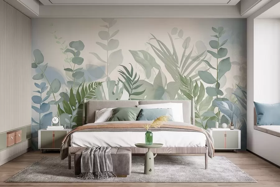 τοιχογραφίες Παστέλ πράσινα φυτά φτέρες, monstera και ευκάλυπτος, ελαφρύ φόντο με υφή, απαλός φωτισμός, ειρηνική , βοτανική εικονογράφηση w09316