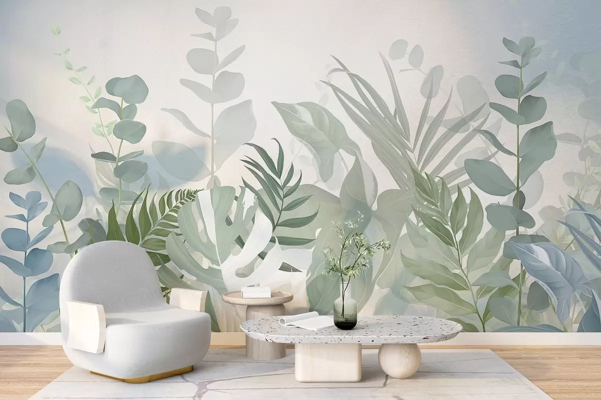 τοιχογραφίες Παστέλ πράσινα φυτά φτέρες, monstera και ευκάλυπτος, ελαφρύ φόντο με υφή, απαλός φωτισμός, ειρηνική , βοτανική εικονογράφηση w09316