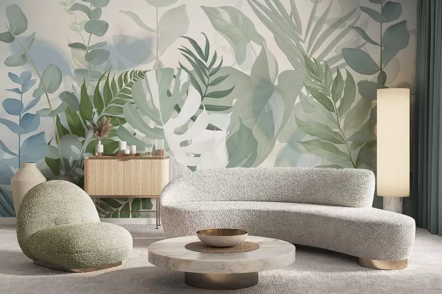 τοιχογραφίες Παστέλ πράσινα φυτά φτέρες, monstera και ευκάλυπτος, ελαφρύ φόντο με υφή, απαλός φωτισμός, ειρηνική , βοτανική εικονογράφηση w09316
