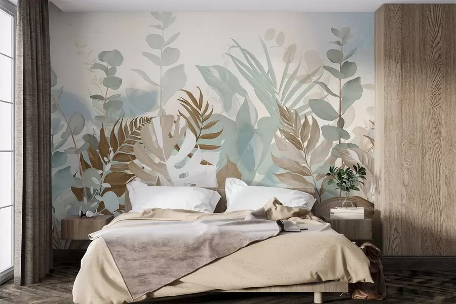 τοιχογραφίες Παστέλ φυτά φτέρες, monstera και ευκάλυπτος, φως υφή φόντο, απαλό φωτισμό, ειρηνική , βοτανική εικονογράφηση w09316v1