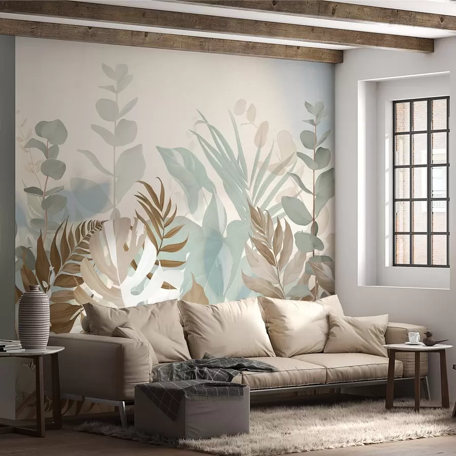 τοιχογραφίες Παστέλ φυτά φτέρες, monstera και ευκάλυπτος, φως υφή φόντο, απαλό φωτισμό, ειρηνική , βοτανική εικονογράφηση w09316v1