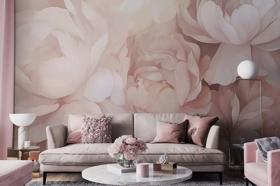 τοιχογραφίες Ανοιχτό παστέλ ροζ παιώνιες με απαλά, υφή λεπτεπίλεπτα πέταλα, διατεταγμένα στενά μεταξύ τους, δημιουργώντας μια πυκνή λουλουδένια τέχνη, απαλός φωτισμός w09319