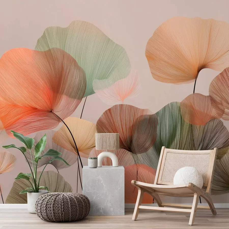 τοιχογραφίες πολύχρωμα φύλλα ginkgo με φλέβες w04305