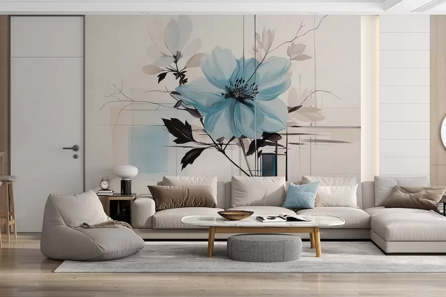 τοιχογραφίες Αφηρημένη υφή μπλε λουλούδι με σκούρα φύλλα και κλαδιά, γεωμετρικά μινιμαλιστικά σχήματα και γραμμές σε απαλά χρώματα w09332