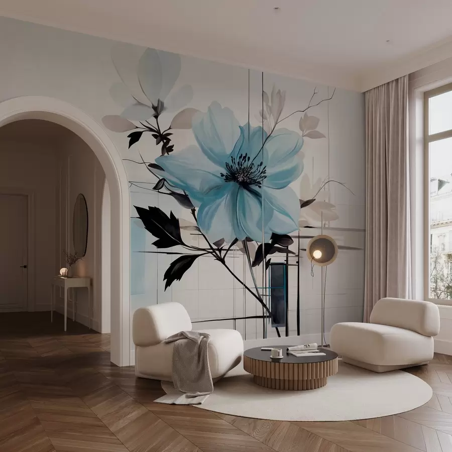 τοιχογραφίες Αφηρημένη υφή μπλε λουλούδι με σκούρα φύλλα και κλαδιά, γεωμετρικά μινιμαλιστικά σχήματα και γραμμές σε απαλά χρώματα w09332