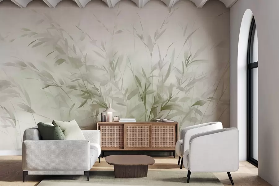 τοιχογραφίες Γρασίδι και ζιζάνια με λεπτά φύλλα και μίσχους, ανοιχτό πράσινο και καφέ χρώματα, απαλές και ντελικάτες πινελιές, μινιμαλιστική εκτύπωση w09342