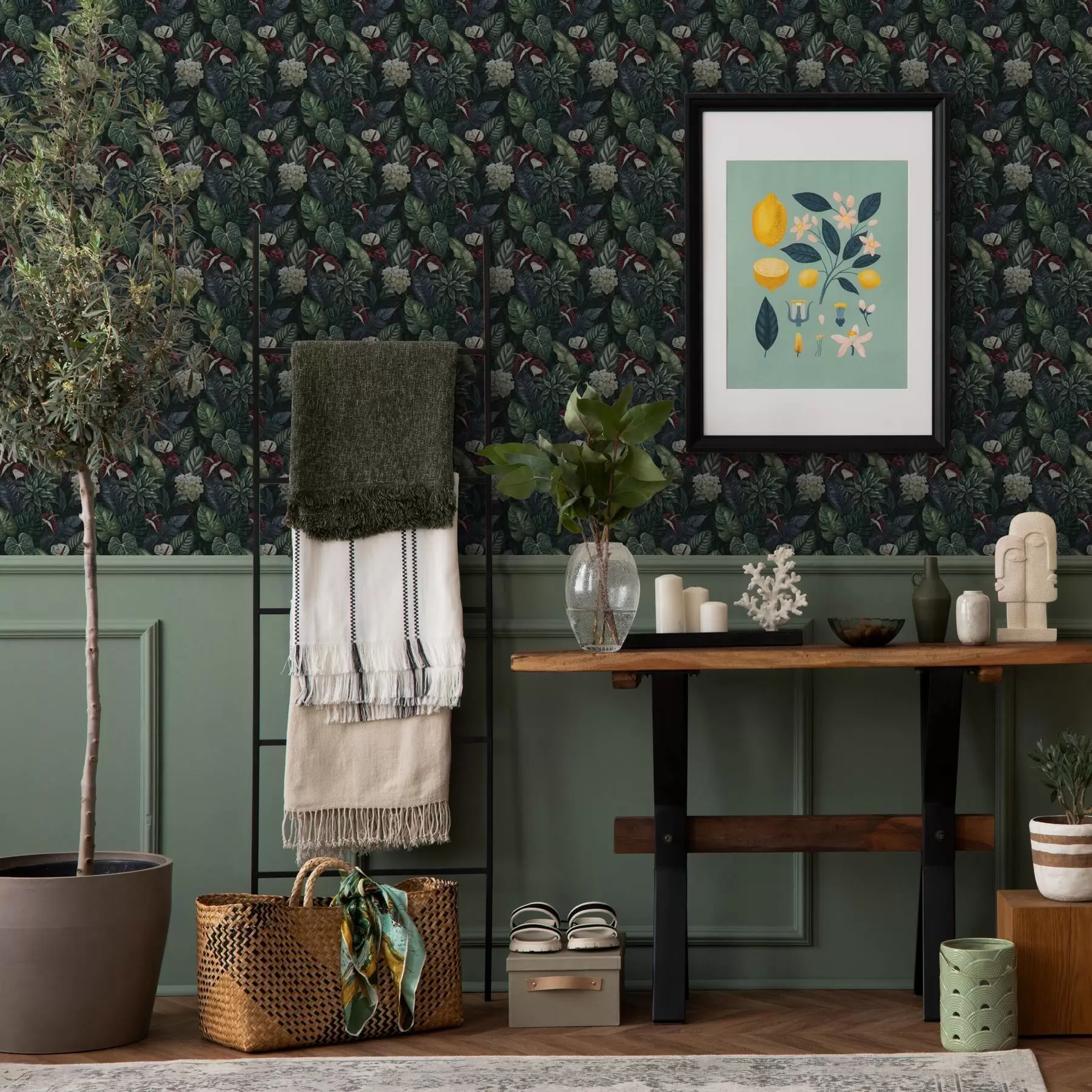 τοιχογραφίες Τροπικά φύλλα με λευκά και κόκκινα λουλούδια a00361