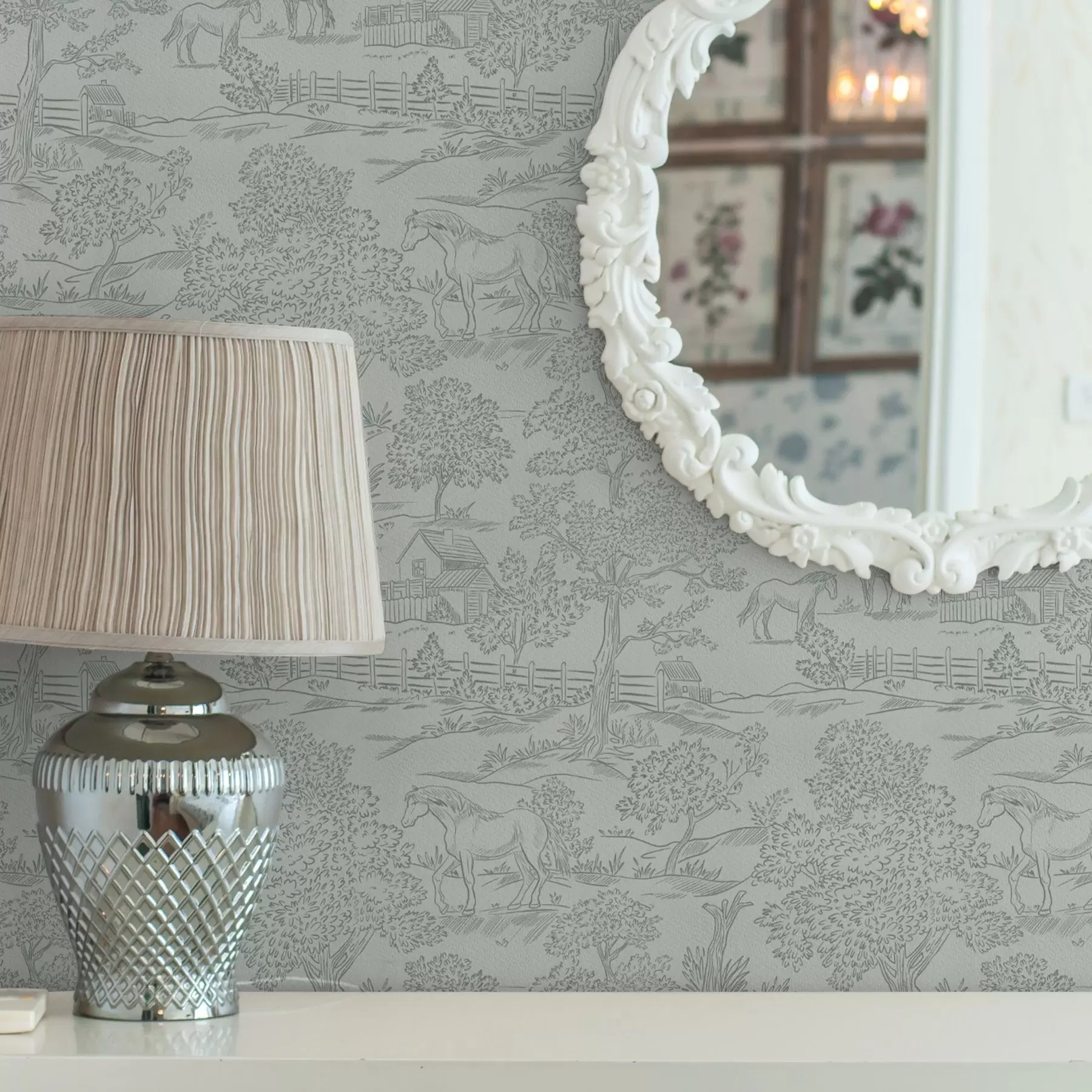 τοιχογραφίες Πράσινο μονόχρωμο τοπίο με άλογα και σπίτια a00407