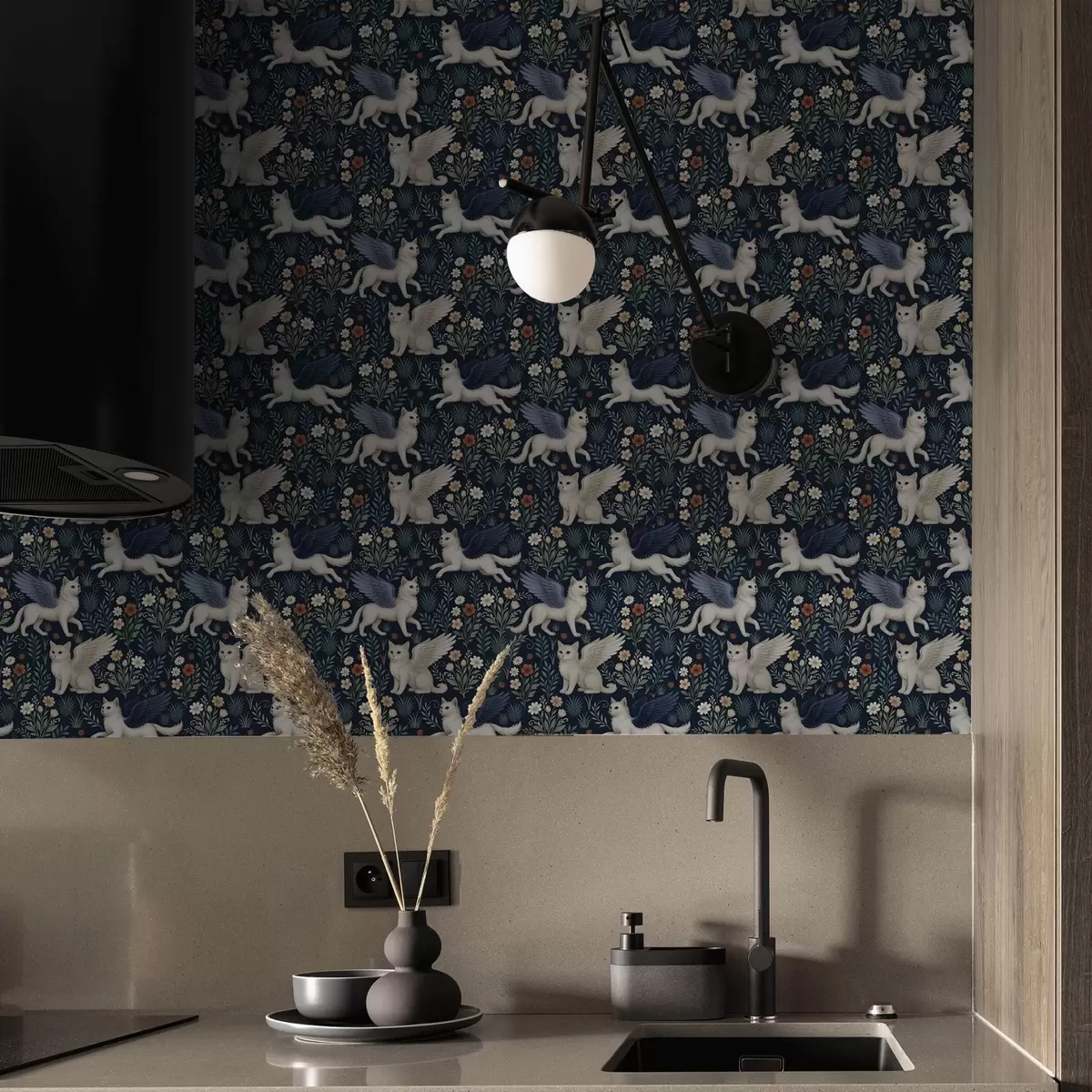 Ταπετσαρία Φαντασία γάτες με φτερά ανάμεσα σε λουλούδια a00408 Ταπετσαρία Φαντασία γάτες με φτερά ανάμεσα σε λουλούδια a00408
