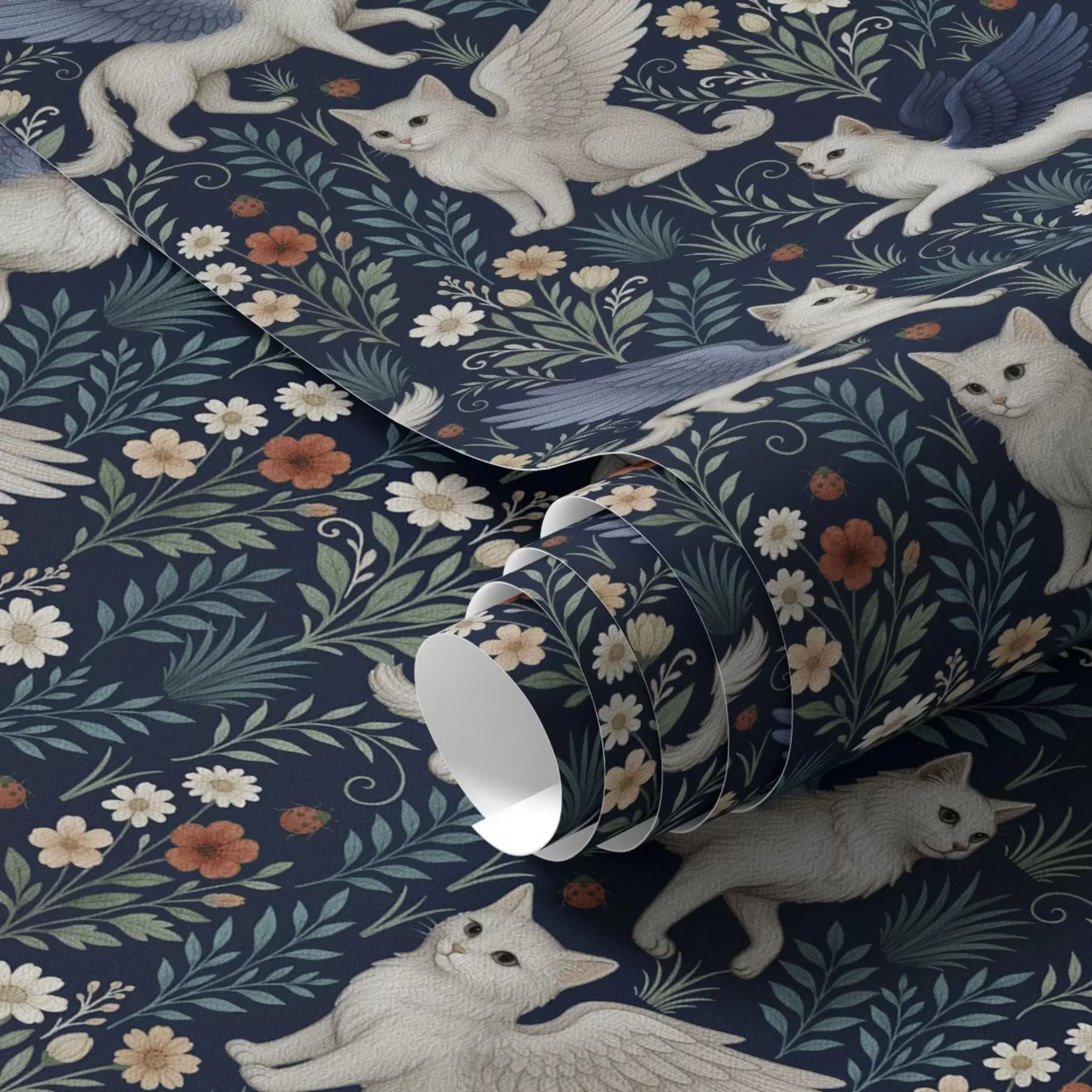 τοιχογραφίες Φαντασία γάτες με φτερά ανάμεσα σε λουλούδια a00408